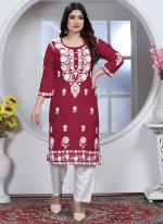 Rayon Maroon Casual Wear Chikankari Work Readymade Kurti With Pant